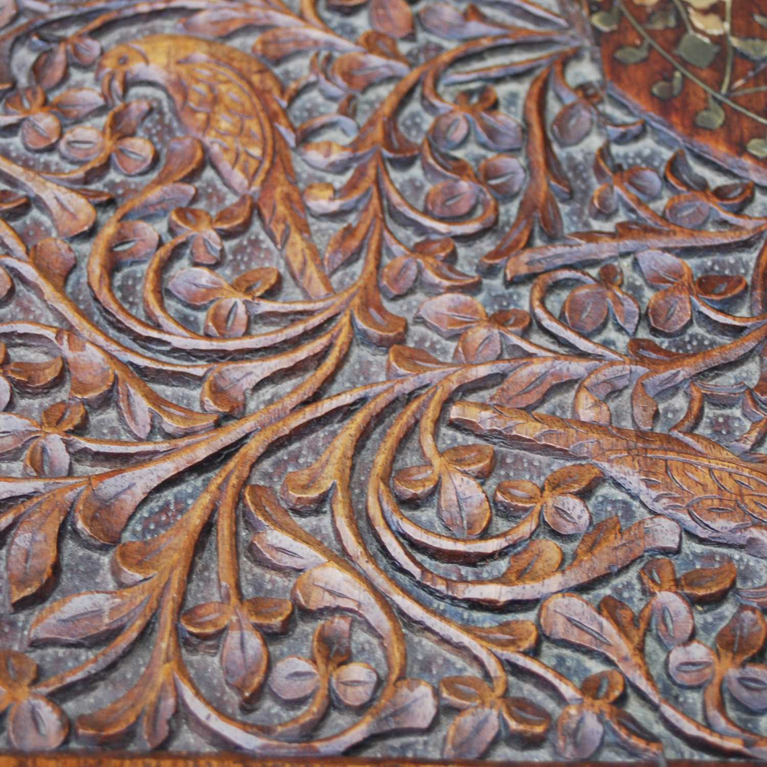 A late 19th / early 20th century Indian carved wood and brass inlaid occasional table, the - Image 3 of 7
