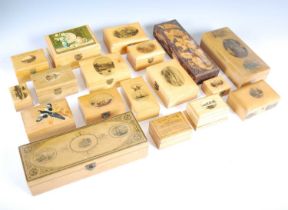 A collection of eighteen assorted Mauchline Ware boxes, to include 'Perth from the Edinburgh Road'
