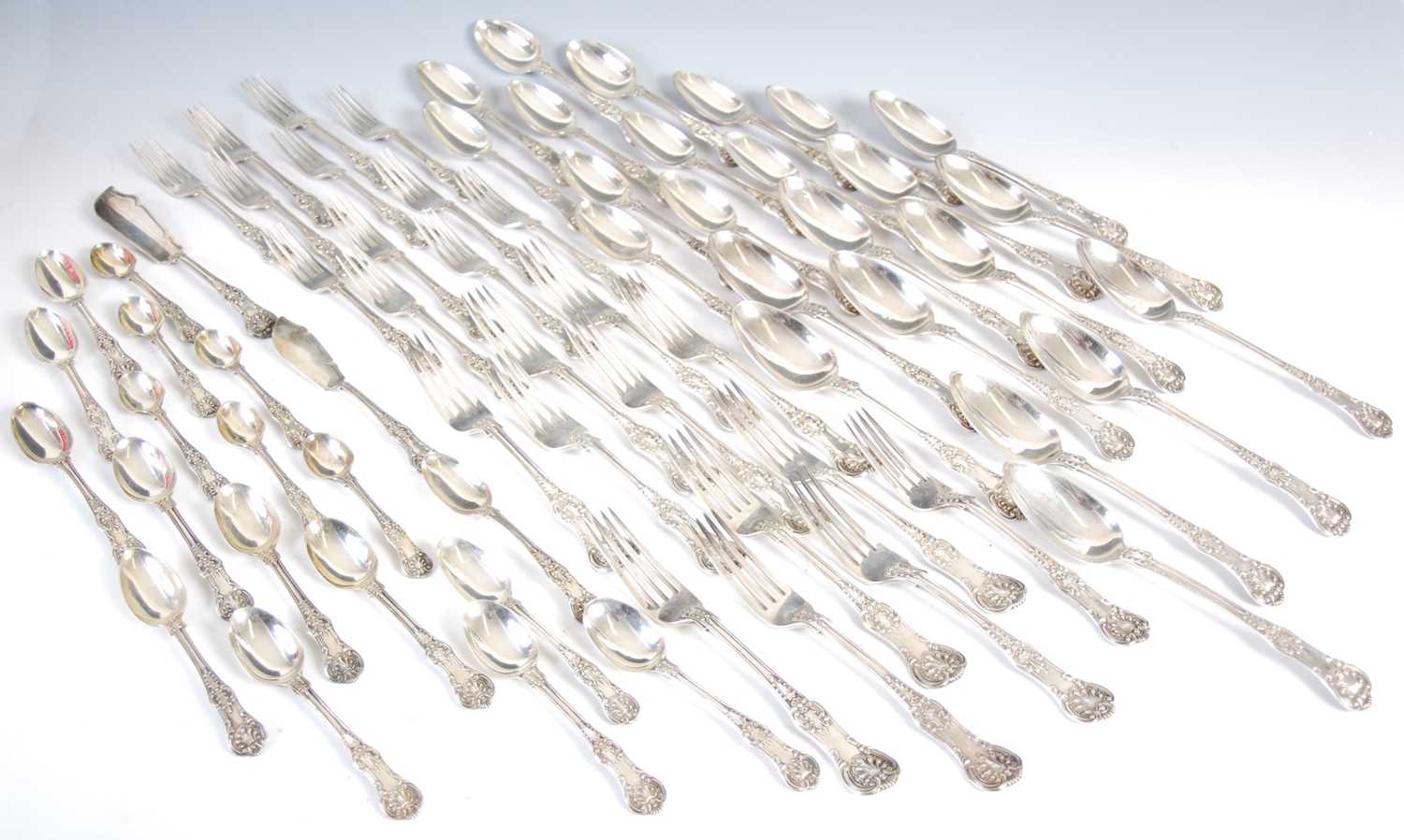 A Victorian and later twelve place setting of Kings pattern silver flatware, various makers and - Image 2 of 36