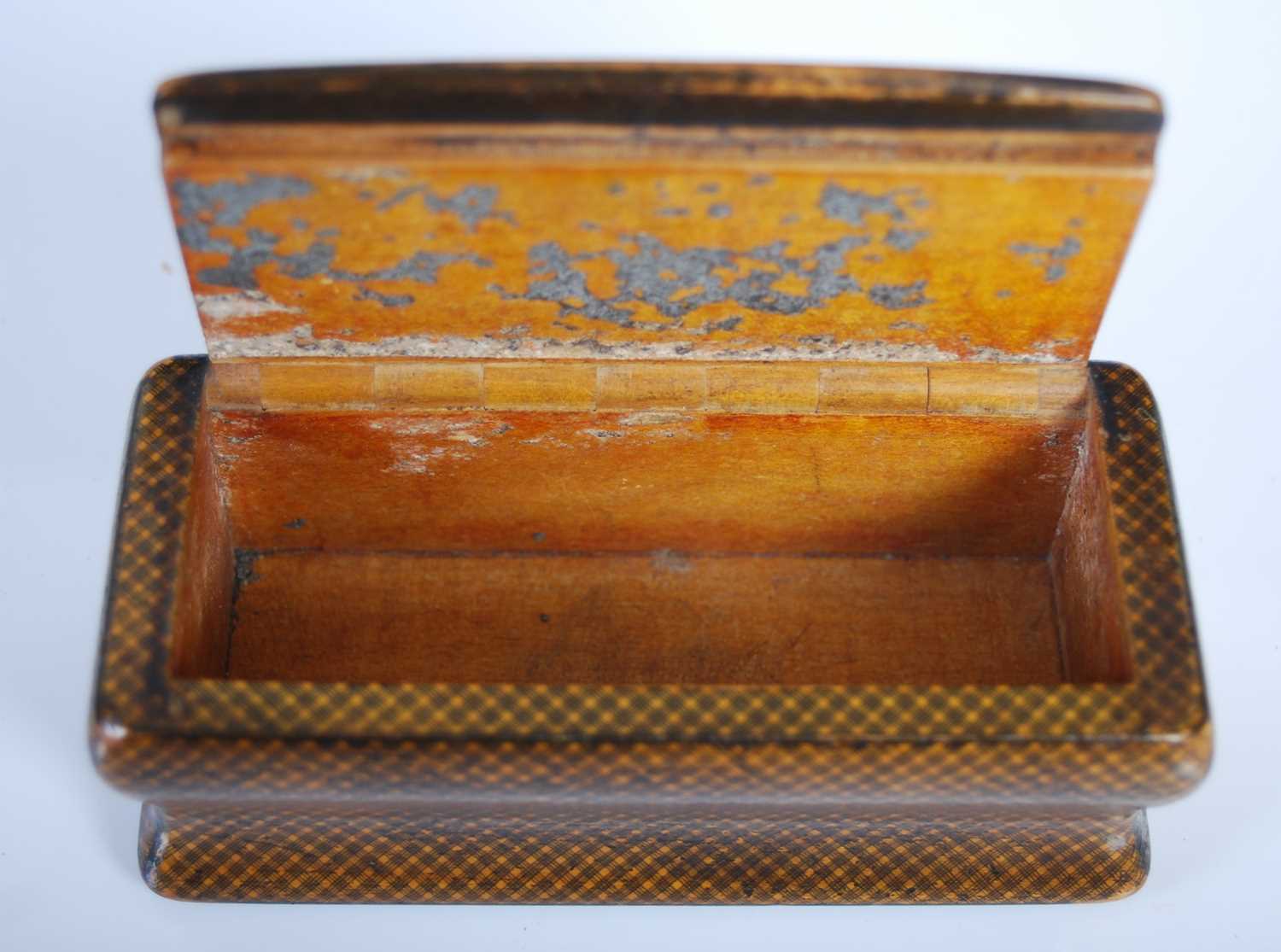 A Mauchline Tartanware sarcophagus-shaped snuff box with incurved sides, with overall intricate - Image 4 of 4