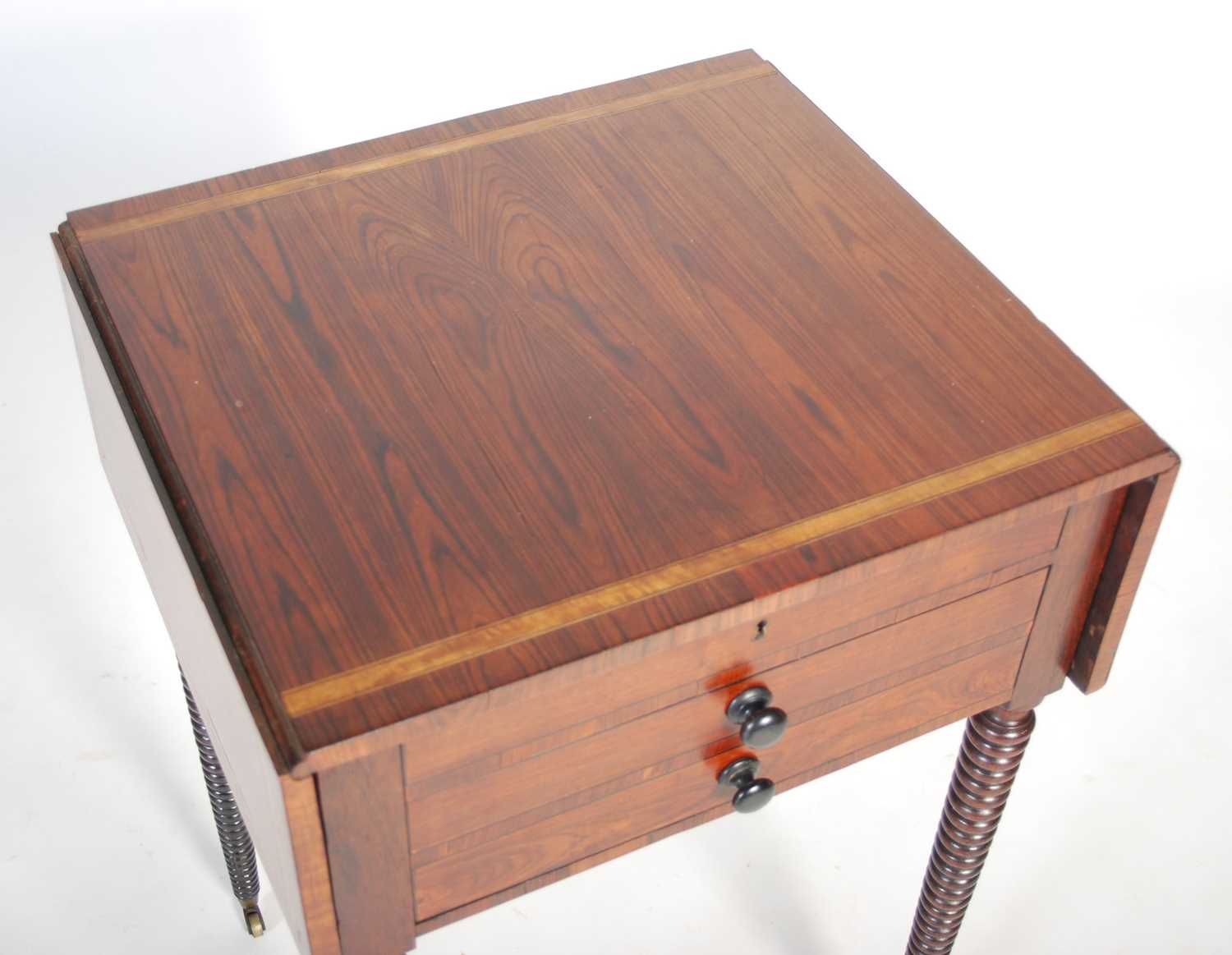 A Regency kingwood and satinwood banded drop-leaf side table, the rectangular top with twin drop- - Image 2 of 8