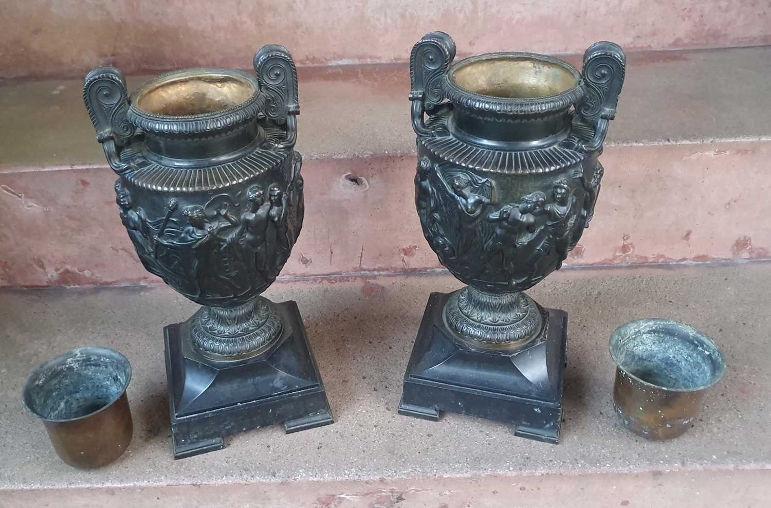 A pair of French bronze classical urns, after the Antique, based on the Townley vase, cast in relief - Image 2 of 4