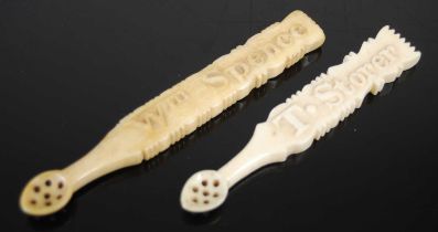 Two Scottish bone snuff spoons, each with cut and shaped stems; one carved ‘Wm. Spence’; the other
