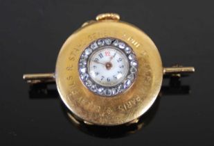 Golay Fils & Stahl, Geneve, a yellow metal and diamond set brooch watch, the white enamel dial