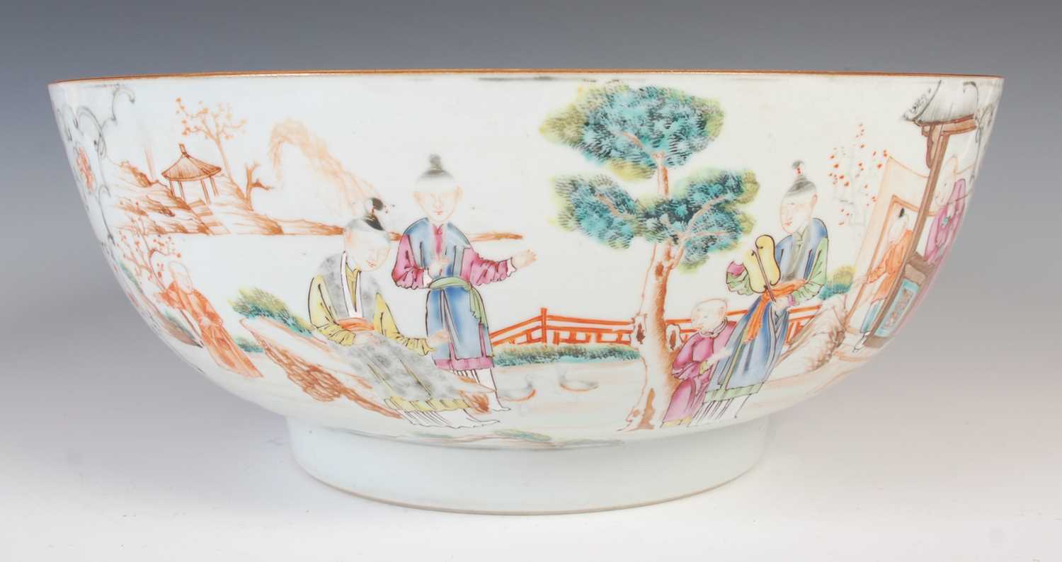 A Chinese porcelain famille rose punch bowl, Qing Dynasty, the interior decorated with peony - Image 4 of 9