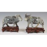 A pair of Chinese green stone models of Ox, early 20th century, carved standing, mounted on carved