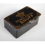 A black lacquer papier-mâché oblong Advertising snuff box with reeded sides and radiating base,