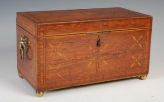 A Regency rosewood and marquetry inlaid tea caddy, the hinged cover inlaid with initials 'GMF' to