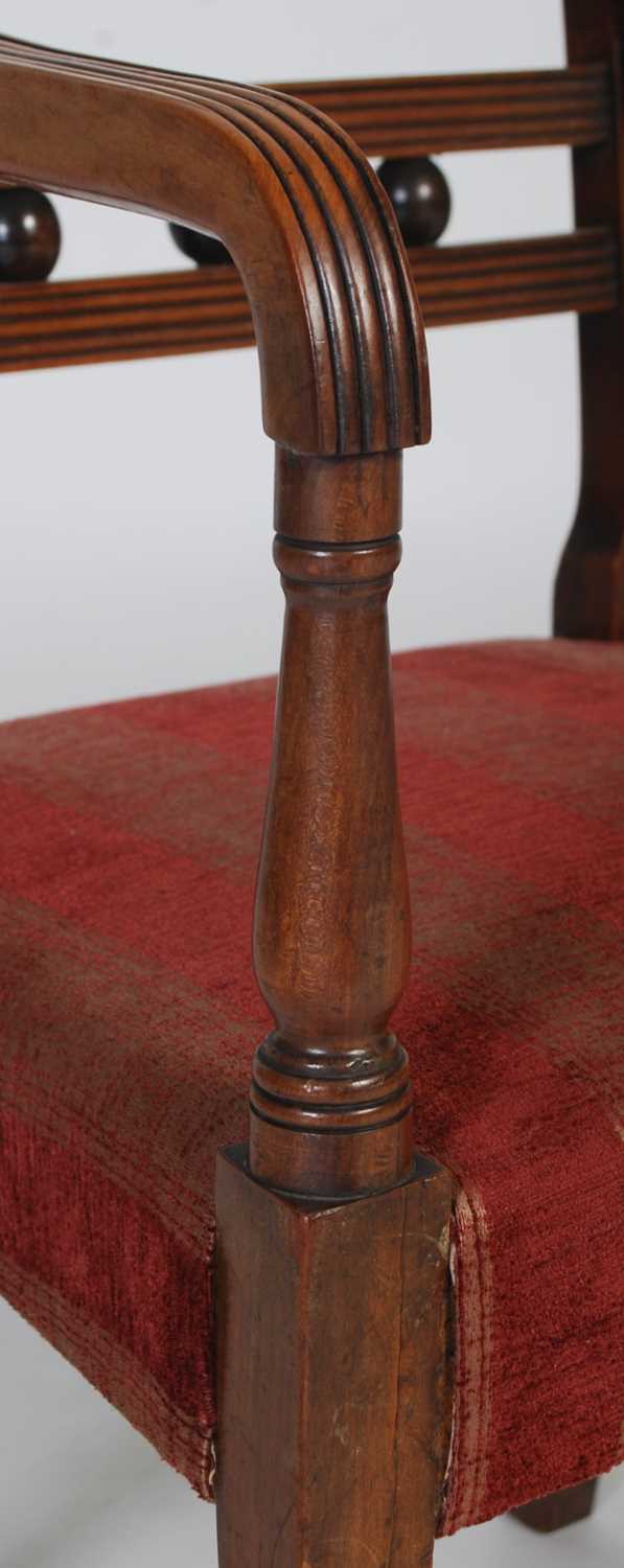 An early 19th century walnut and brass inlaid childs elbow chair, the rectangular top rail with - Image 3 of 6