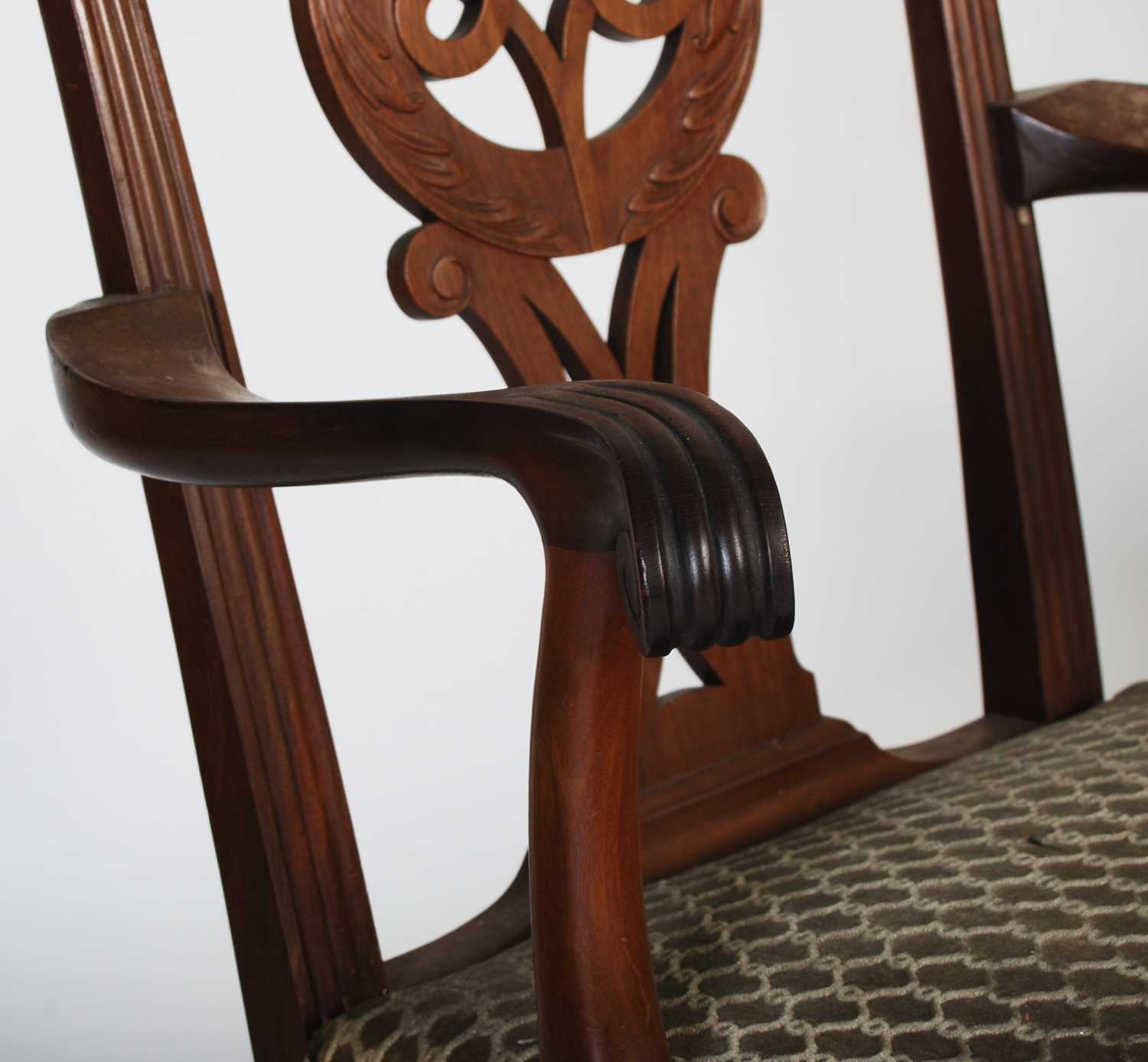 A pair of George III style mahogany elbow chairs, 20th century, the flower and scroll carved top - Image 3 of 6