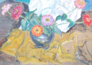 ARR Annabel Kidston (1896-1981) Still life with dahlias acrylic 50cm x 70.5cm, framed and glazed