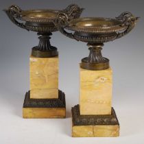 A pair of late 19th century Grand Tour bronze and sienna marble tazza, 30cm high x 23cm wide.