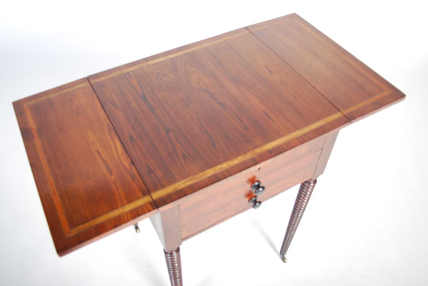 A Regency kingwood and satinwood banded drop-leaf side table, the rectangular top with twin drop- - Image 6 of 8