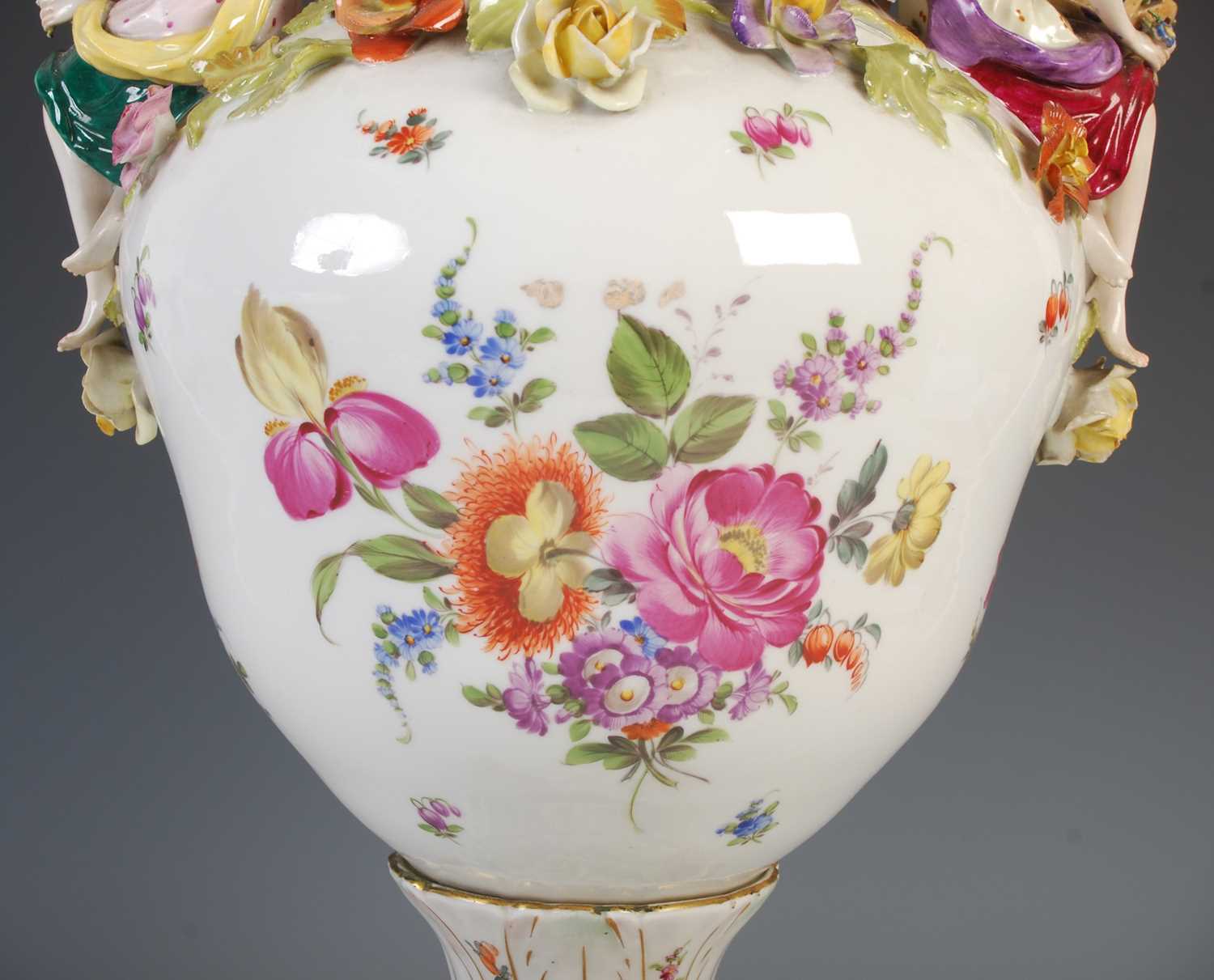 A late 19th / early 20th century Dresden porcelain urn, cover and stand, the urn decorated with - Image 8 of 11