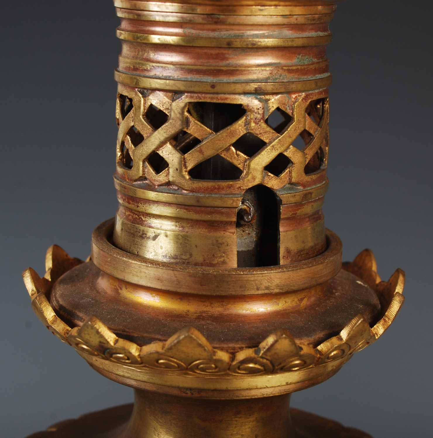 A pair of gilt metal mounted blue pottery table lamps, formally oil burning paraffin lamps, 39cm - Image 7 of 7