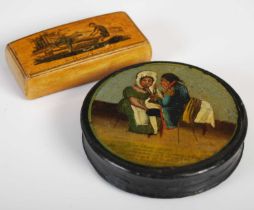 A Mauchline ware oblong snuff box, the integral hinged cover decorated in penwork with a monkey