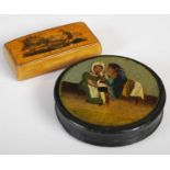 A Mauchline ware oblong snuff box, the integral hinged cover decorated in penwork with a monkey