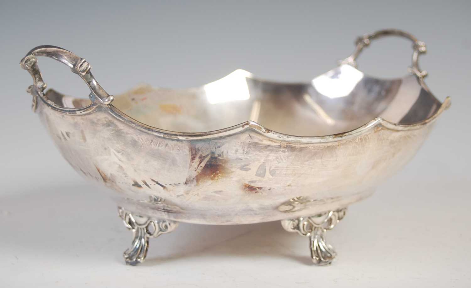 A George V silver twin-handled bowl, Sheffield, 1927, makers mark of H.A, oval-shaped with wavy rim, - Image 2 of 5