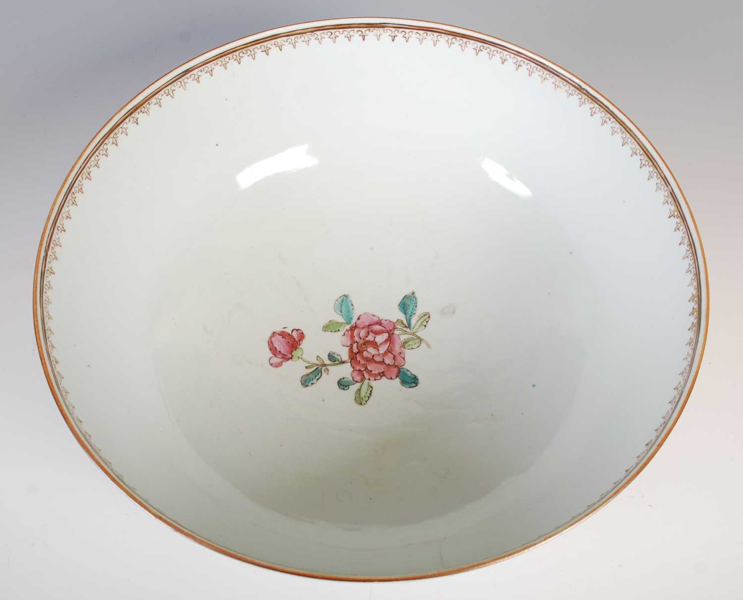A Chinese porcelain famille rose punch bowl, Qing Dynasty, the interior decorated with peony - Image 6 of 9