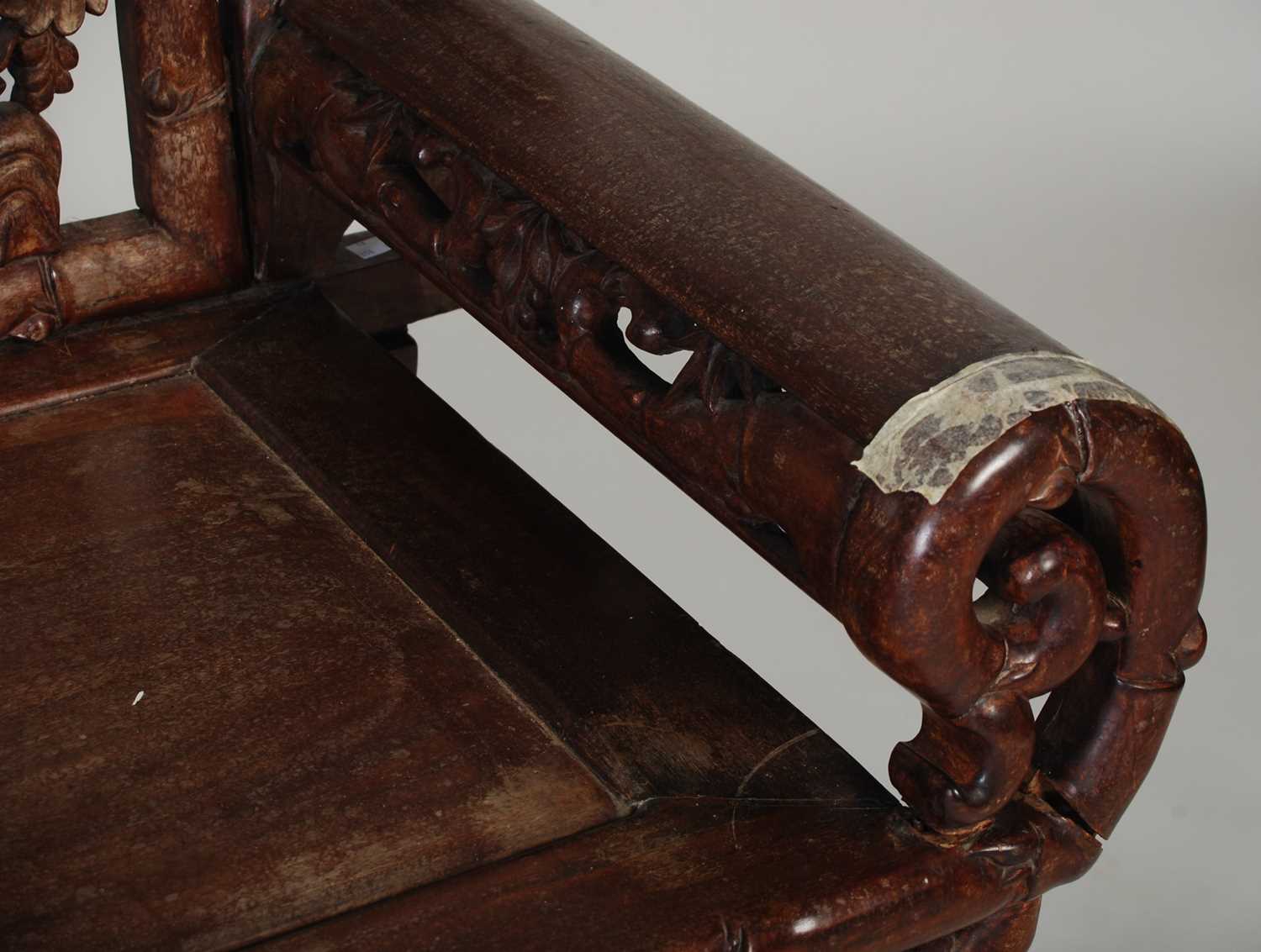 A Chinese dark wood and marble high-backed bench, late 19th/ early 20th century, the upright back - Image 6 of 8