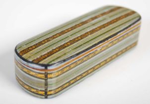 A Mauchline ware curved oblong snuff box, decorated overall with green, red and blue stripes