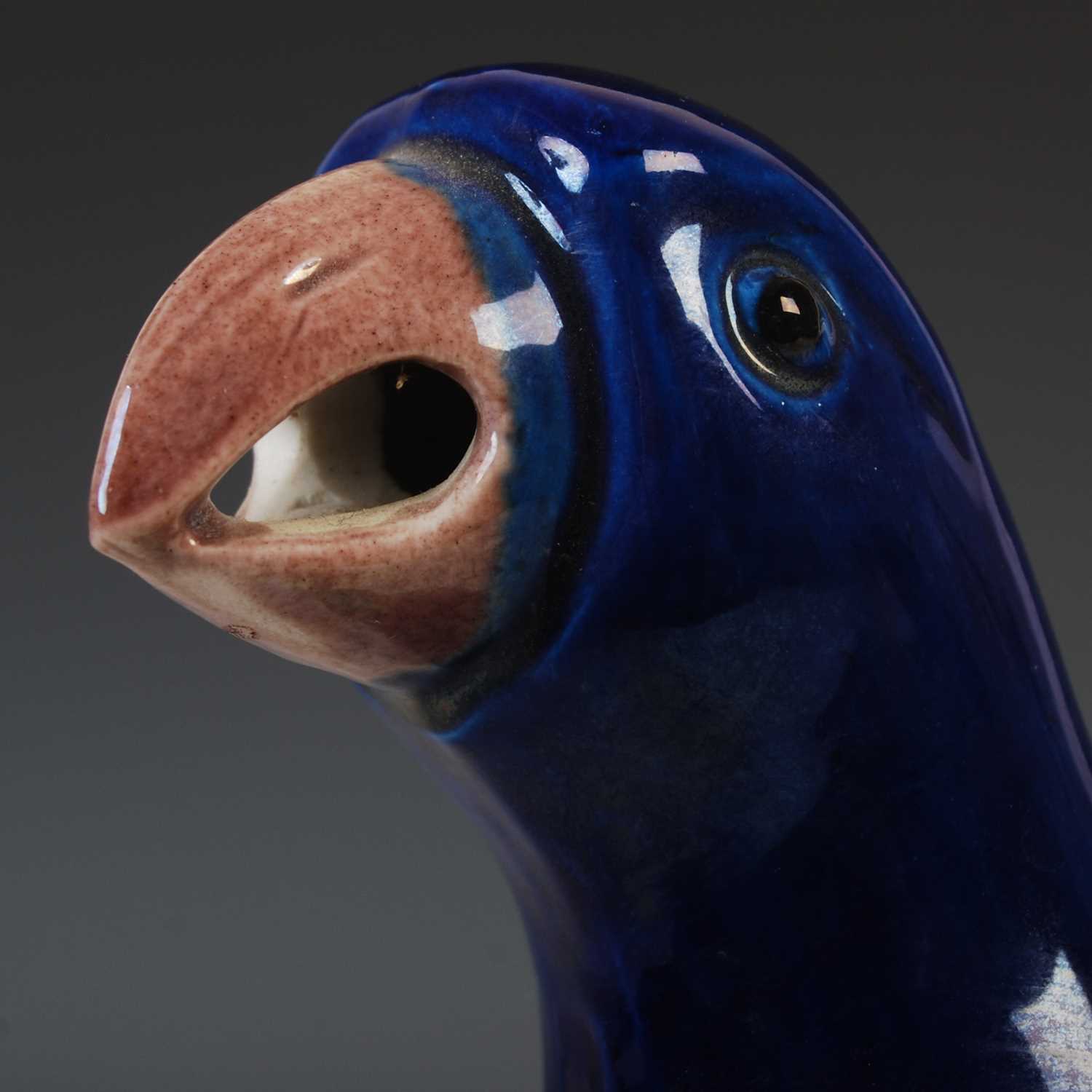 A pair of Chinese porcelain aubergine, blue and green glazed models of hawks, 21.5cm high. - Image 2 of 5
