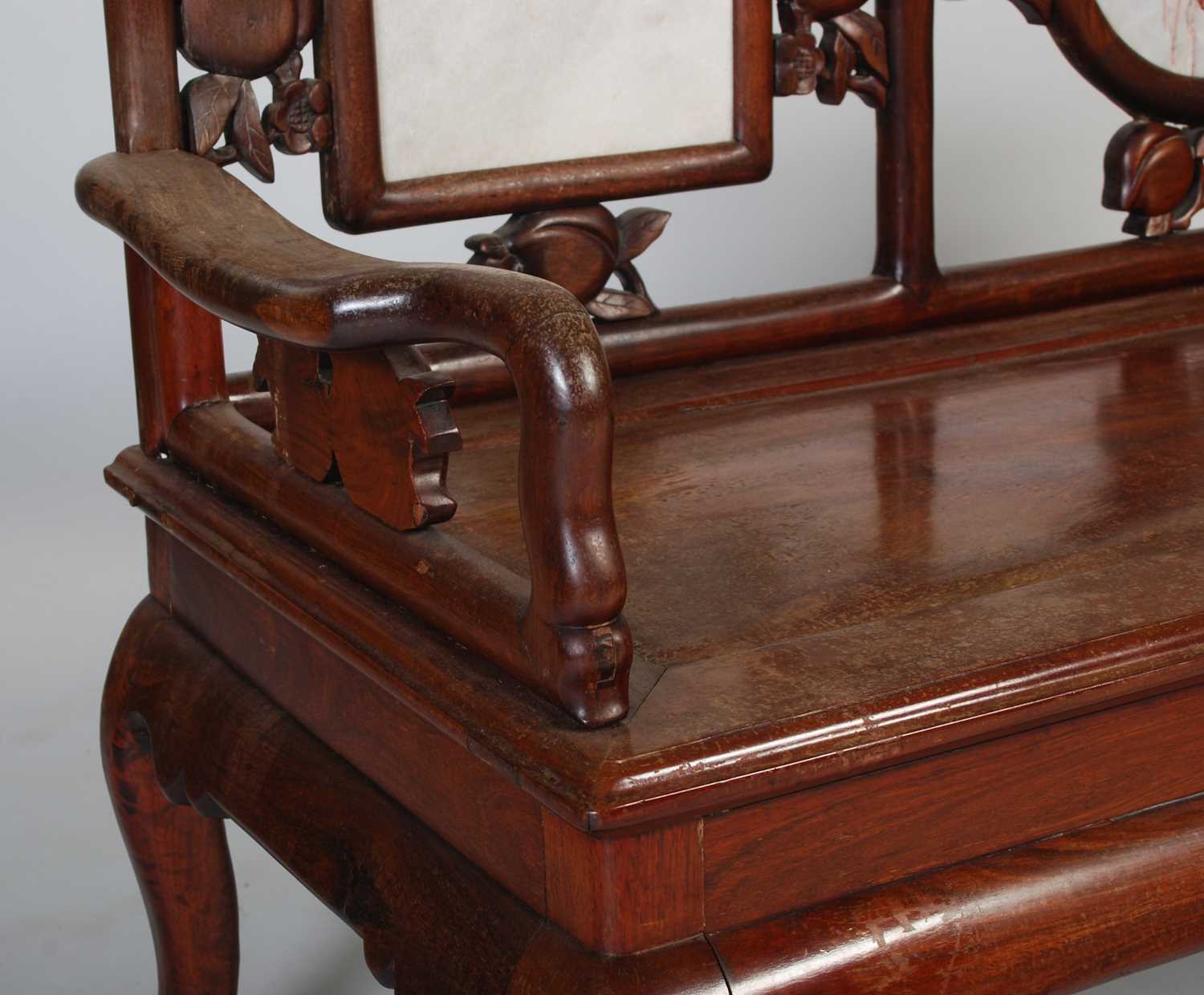 A Chinese dark wood and marble bench, late 19th/ early 20th century, the upright back centred with a - Image 3 of 6