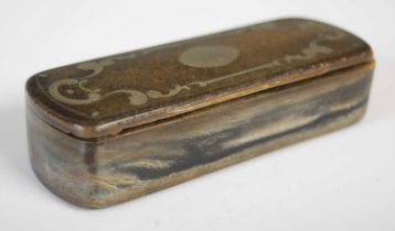 A horn oblong snuff box, the integral hinged cover with silvered-metal scroll inlay around oval