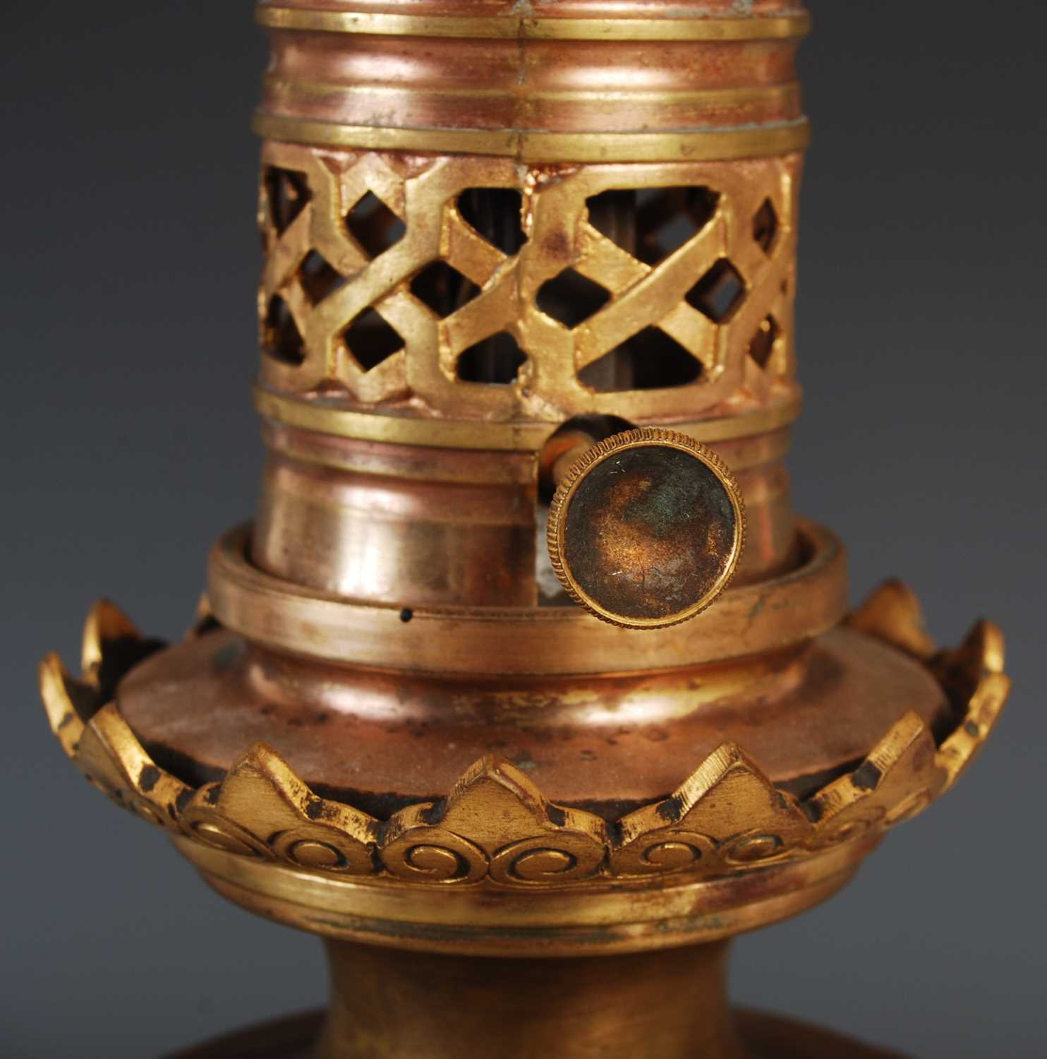 A pair of gilt metal mounted blue pottery table lamps, formally oil burning paraffin lamps, 39cm - Image 6 of 7