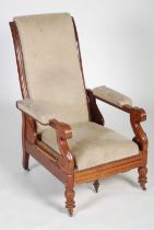 A 19th century mahogany reclining library armchair, the later upholstered back, arms and seat raised