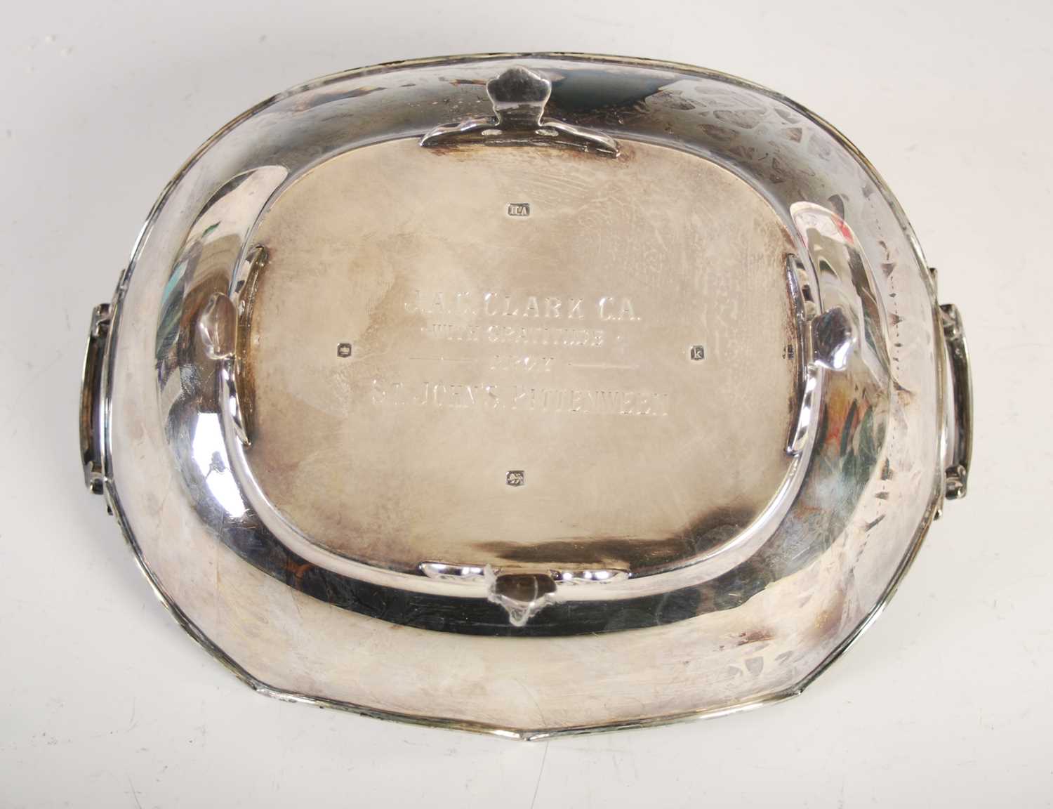 A George V silver twin-handled bowl, Sheffield, 1927, makers mark of H.A, oval-shaped with wavy rim, - Image 4 of 5