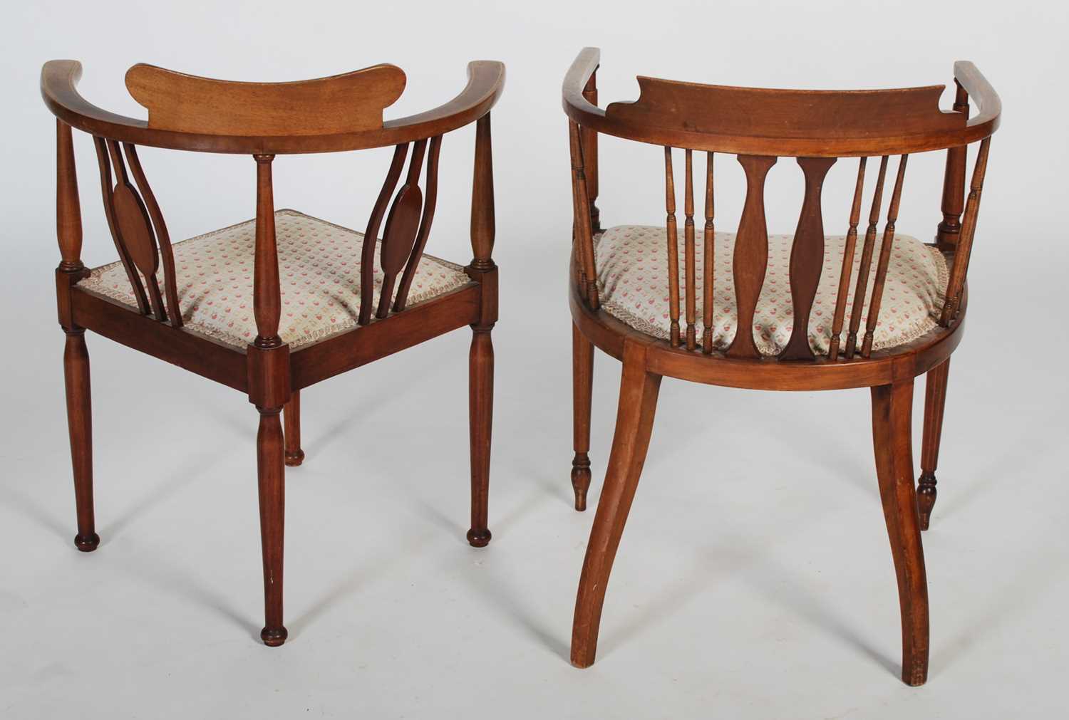 Two Edwardian mahogany chairs, one a horseshoe back armchair with vertical spindle gallery, floral - Image 9 of 9