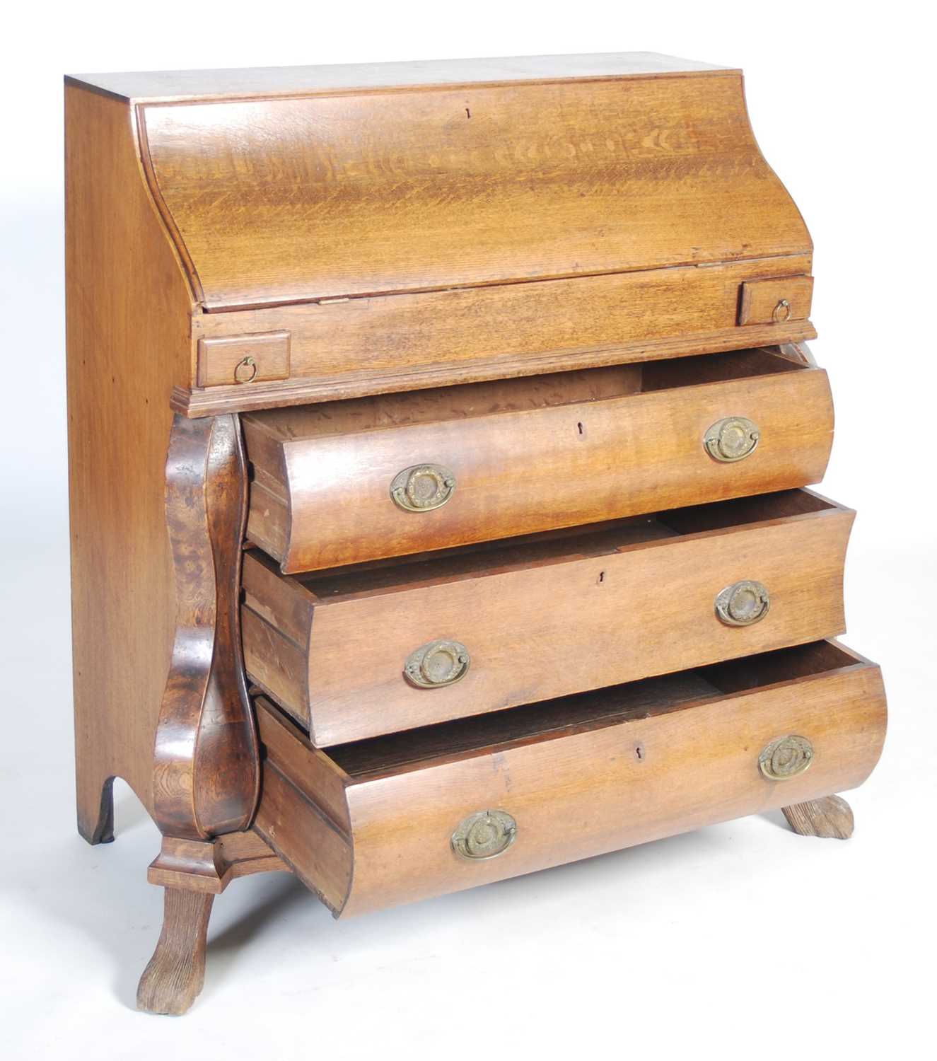 A late 18th century Dutch oak bombe bureau, the serpentine fall-front opening to a fitted interior - Image 6 of 11