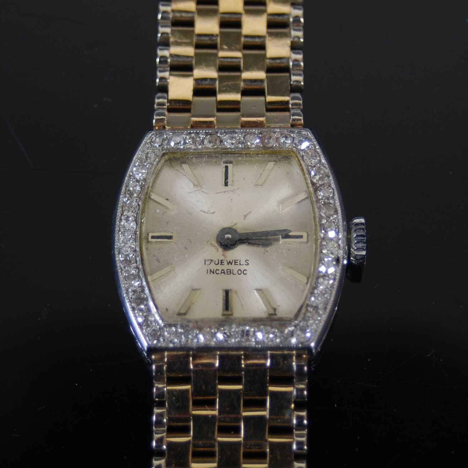 A 9ct gold and white metal diamond set cocktail watch, the silvered dial with baton numerals, within - Image 2 of 5