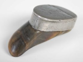 A Scottish deer’s hoof snuff box with pewter mounts, the hinged cover engraved with hammerman