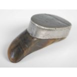 A Scottish deer’s hoof snuff box with pewter mounts, the hinged cover engraved with hammerman