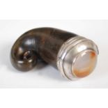 A Scottish curly horn snuff mull, the silver domed hinged cover set with a central smoky pink agate,