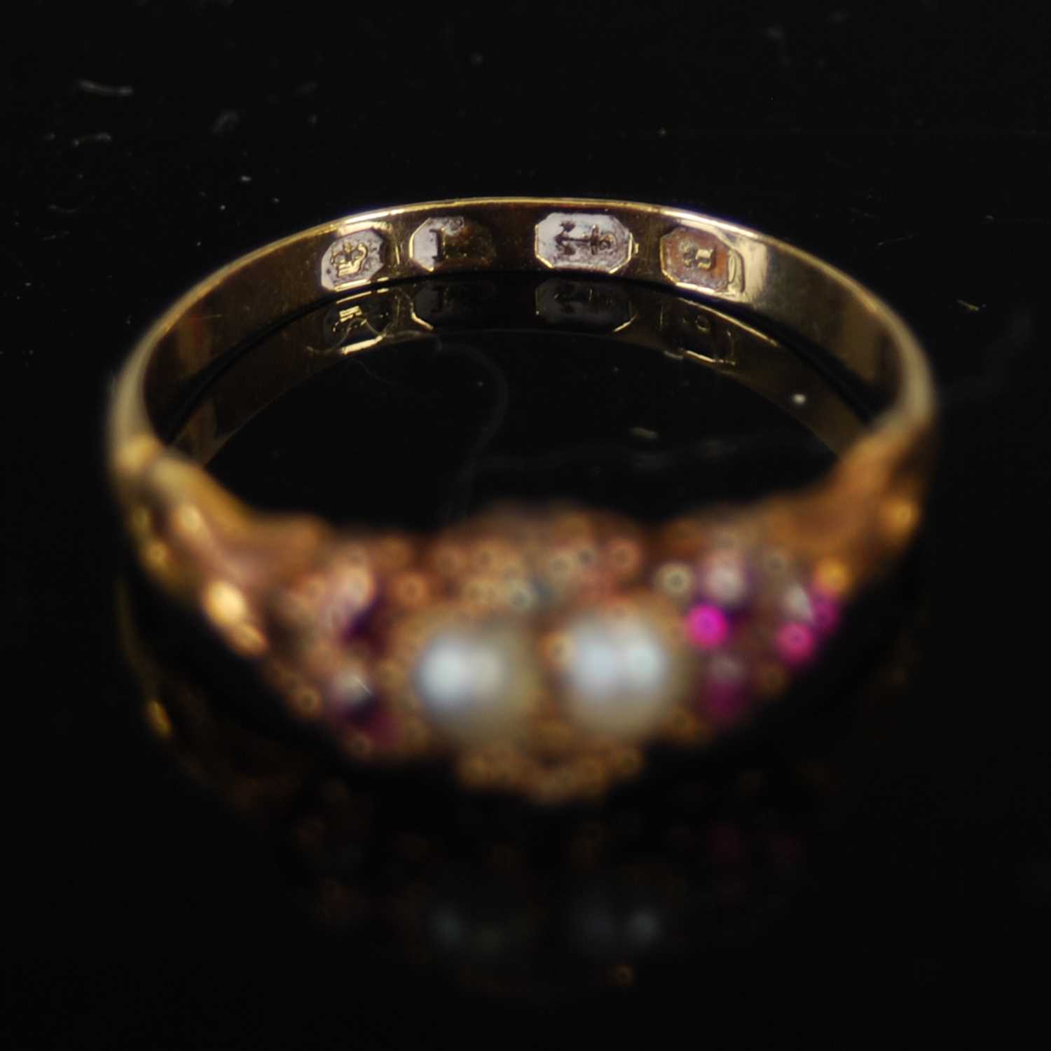 An 18ct gold and pearl five stone ring, size 'S', gross weight 4.2 grams, together with two other - Image 3 of 5