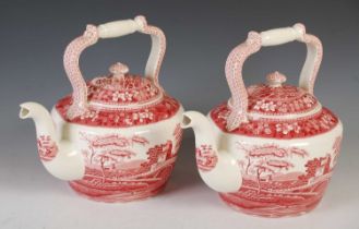 A pair of Spode puce printed 'Tower' pattern oversized kettles and covers, black printed marks, 30cm