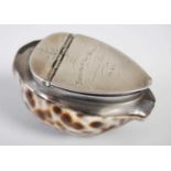 A Scottish silver-mounted cowrie shell snuff box, the three-quarter hinged cover engraved with