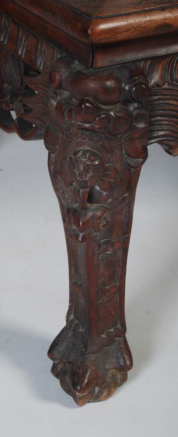 A Chinese dark wood bench, late 19th/ early 20th century, the rectangular back carved and pierced - Image 3 of 6