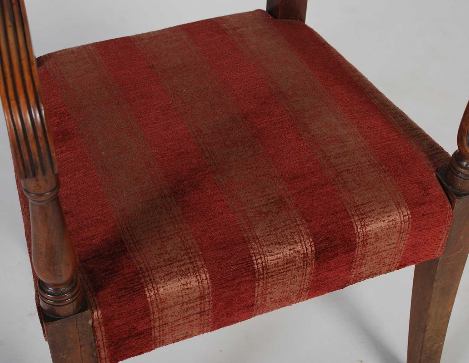 An early 19th century walnut and brass inlaid childs elbow chair, the rectangular top rail with - Image 4 of 6