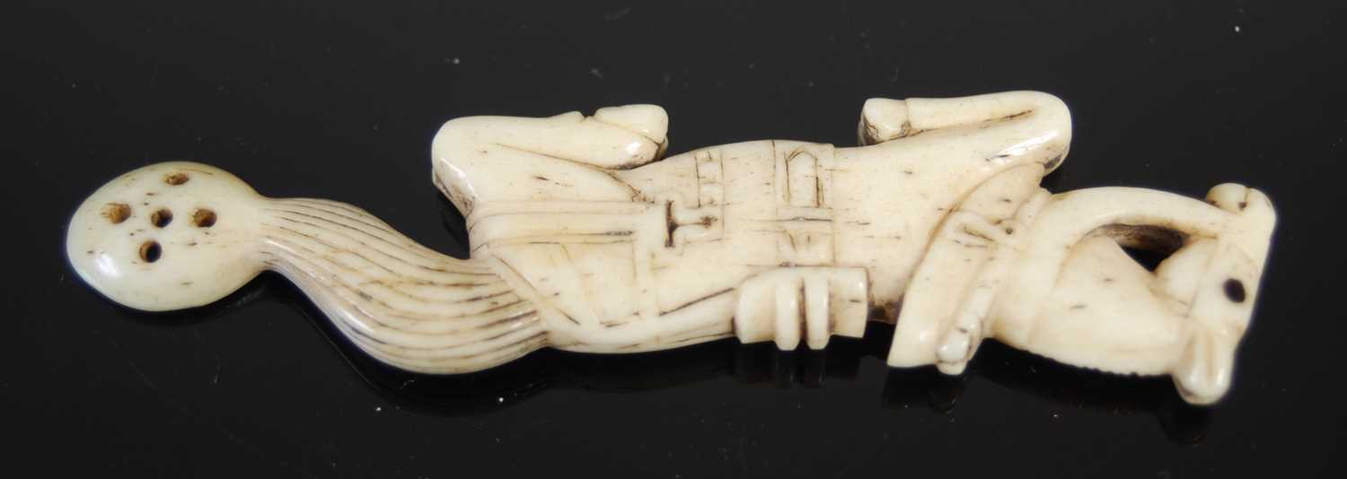 A Scottish bone snuff spoon finely carved in the form of a recumbent horse, with detailed bridle, - Image 2 of 2