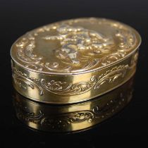A 19th century French silver-gilt oval snuff box, the hinged cover embossed with two putti and a