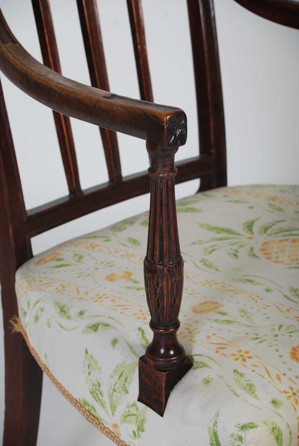 A George III mahogany elbow chair, the shaped top rail above a rectangular back with central - Image 3 of 6