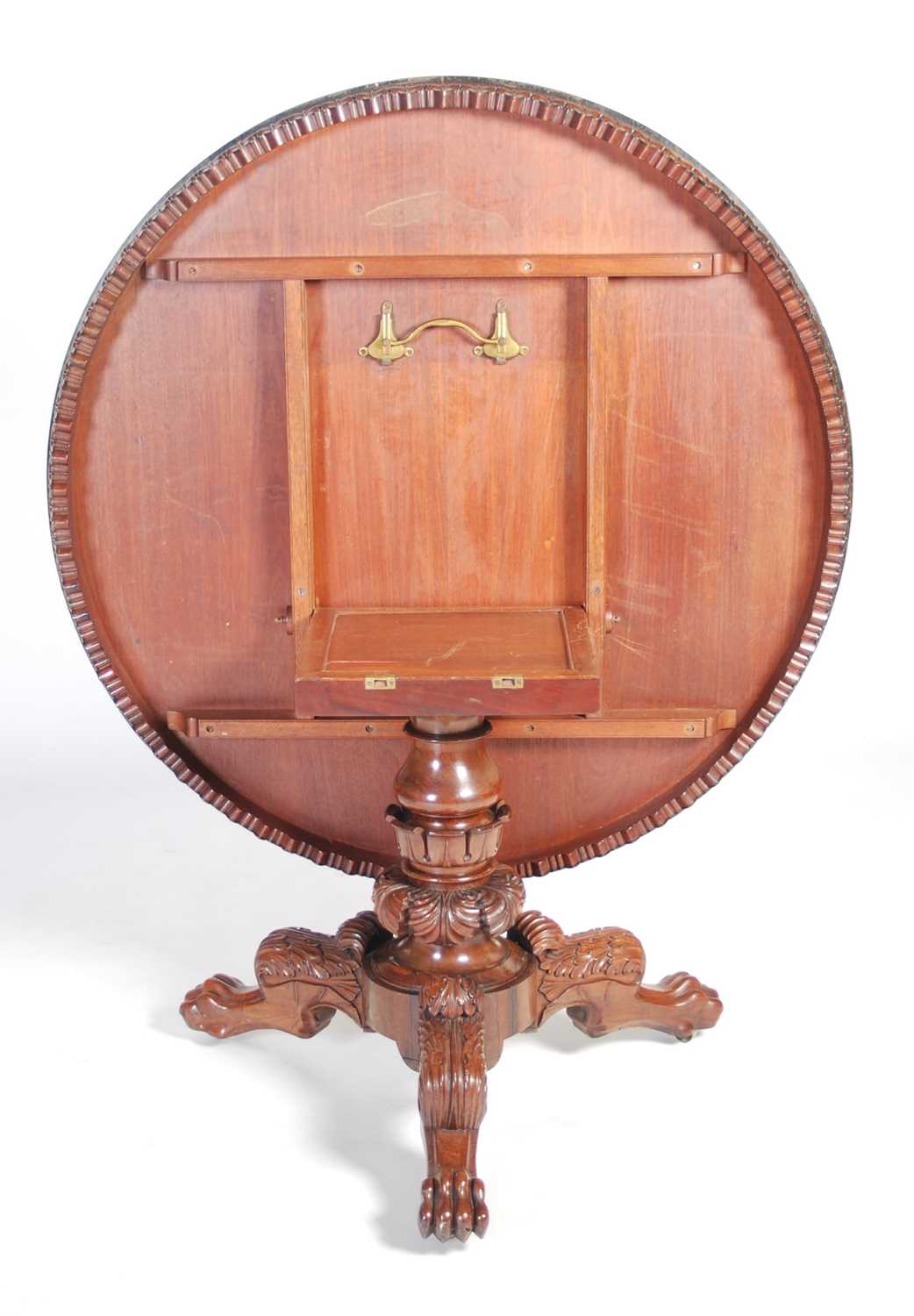 A Regency rosewood snap-top supper table, in the manner of Gillows, the hinged circular top with a - Image 4 of 7