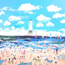 ARR Simeon Stafford (b.1956) Beach scene with figures, donkeys and lighthouse oil on canvas,