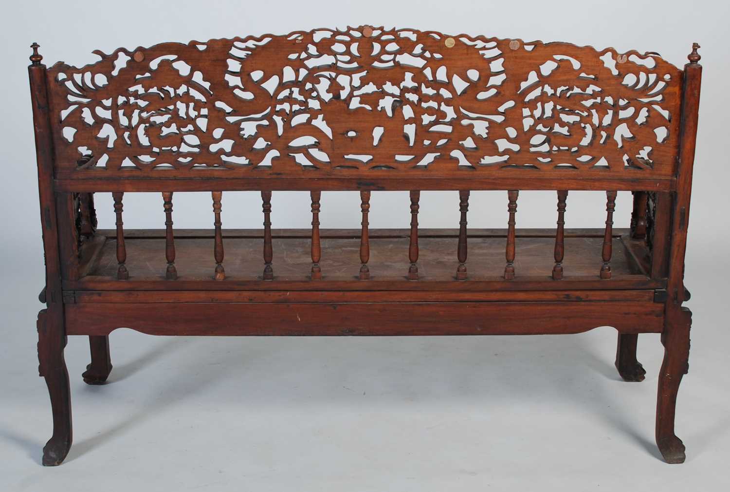 A Chinese dark wood bench, late 19th/ early 20th century, the rectangular back carved and pierced - Image 6 of 6