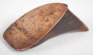 A Scottish deer’s hoof snuff box, with copper three-quarter hinged cover engraved with anvil, hammer