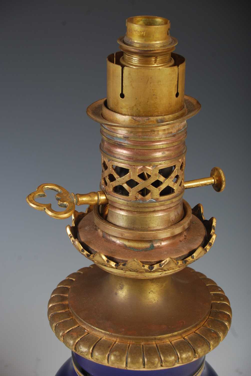 A pair of gilt metal mounted blue pottery table lamps, formally oil burning paraffin lamps, 39cm - Image 3 of 7